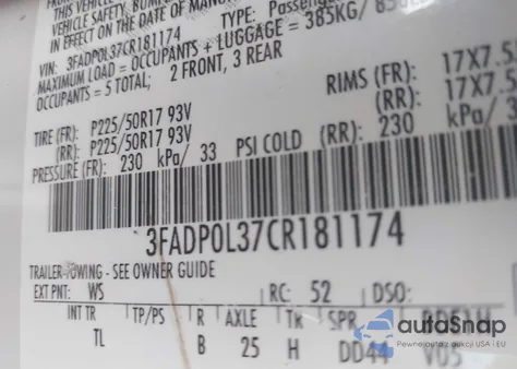 2012 Ford Fusion Hybrid z USA, uszkodzony, nr VIN 3FADP0L37CR181174